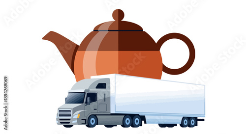 A large teapot on a truck conveys the transportation of ceramic goods on a highway