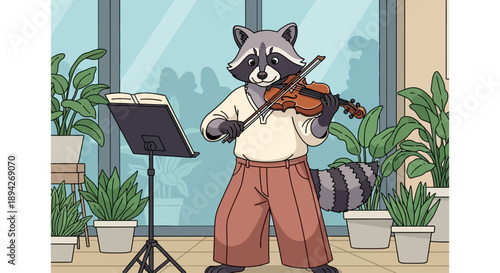 Raccoon playing violin on a wooden floor surrounded by potted plants in a serene indoor setting