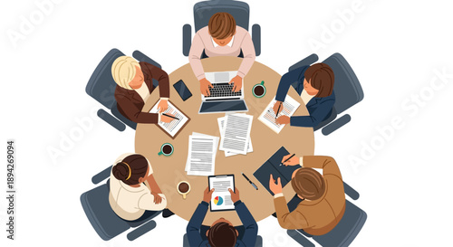 Group of people collaborating around a table with laptops and documents from a top-down view