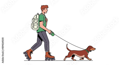 Man walking his dog on a leash with a backpack in a simple illustration style