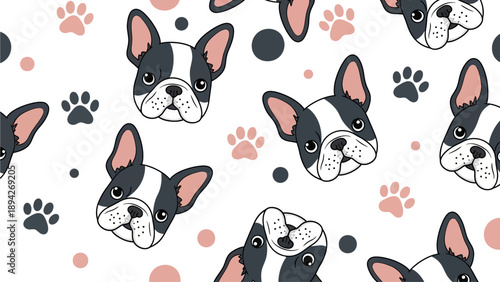 Seamless pattern of cartoon French bulldog faces and paw prints in a playful illustration