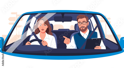 Man and woman navigating through city streets in a car together, illustration