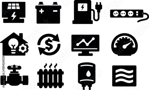 Solid vector icons of energy management home: inverter, battery, charger, outletstrip, load, tariff, monitor,