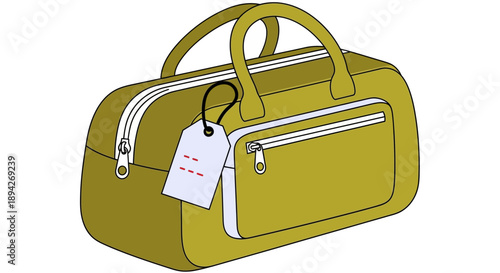 Illustration of a yellow travel bag with a tag and zipper on a plain background