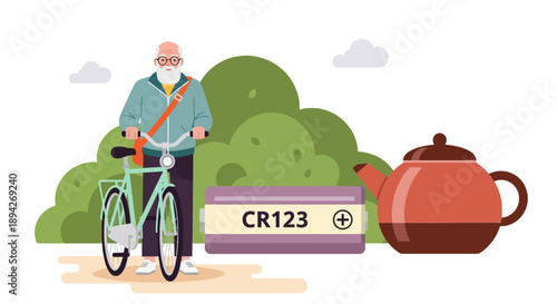 Older man with bicycle and large battery next to a teapot in a serene outdoor setting