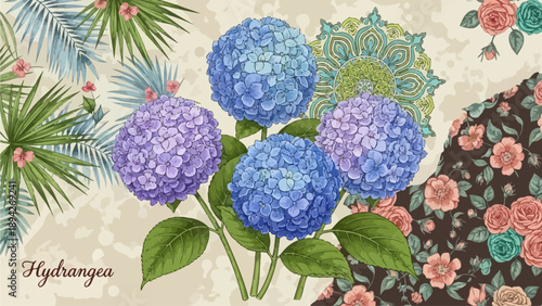 Vibrant Hydrangea flowers with lush green leaves and floral patterns in a beautiful illustration