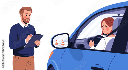 Man standing beside blue car holding clipboard while woman driver inside gestures during driving test