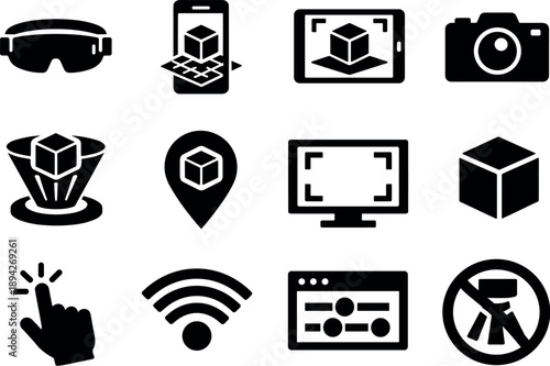 Image Generation. Solid vector icons of AR overlay: augmented reality device, smartphone, tablet, AR headset, camera, holographic