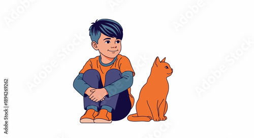 A young boy crouching beside an orange cat, smiling, in a simple, illustrated scene.