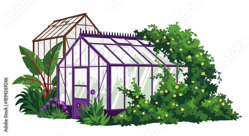 A vibrant greenhouse surrounded by lush greenery and plants, viewed from the front, showcasing a serene botanical scene