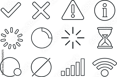 Image Generation. Line style of Status UI essentials vector icons: check, cross, warning, info; loading, progress, spinner, wait;