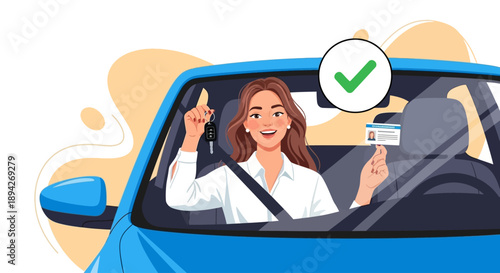 Woman driving a blue car and showing approval with a card inside the vehicle