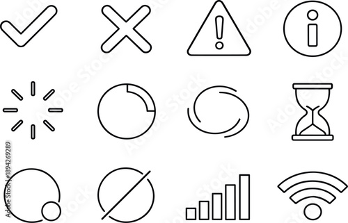 Image Generation. Line style of Status UI essentials vector icons: check, cross, warning, info; loading, progress, spinner, wait;