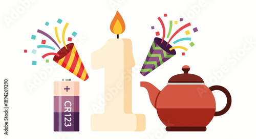 Celebrating a special first birthday with festive fireworks and party hats around a candle and tea set