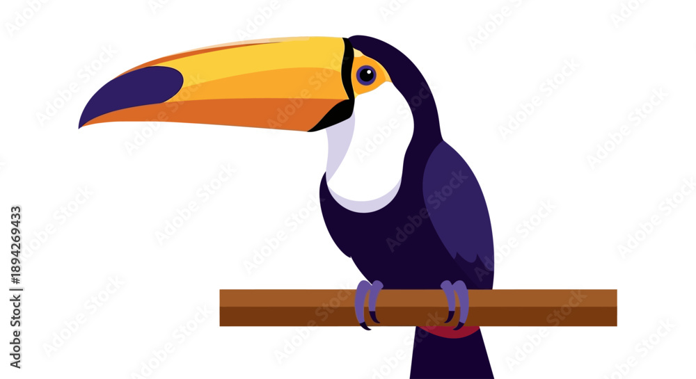 Fototapeta premium A vibrant toucan perches on a wooden branch in a lush forest, viewed from the side