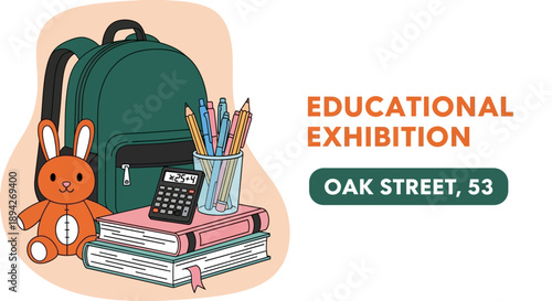 Educational exhibition setup on Oak Street featuring books, stationery, and backpacks in a vibrant display