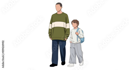 Man and boy standing together, boy holding backpack, illustration, simple style, white background, steven (836).ai reference