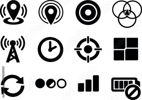  Solid vector icons of real time positioning: live marker, pulsing pin, accuracy circle, trilateration grid,