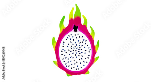 A vibrant dragon fruit illustration with flames, showcasing texture and color, viewed from the front