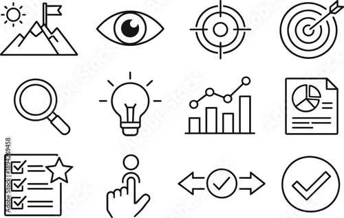  Line style vector icons of Creative strategy icons: vision, eye, focus, goal; analyze, research, insight, data;