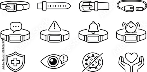 Smart Health Band Icons. Line style of smart health band icons: band clasp, strap, buckle, charger; notification, alert, reminder,
