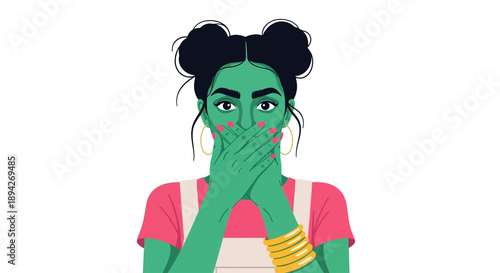 A surprised woman with green skin covering her mouth, wearing a pink shirt and gold bracelets, standing in a plain white background from a front viewpoint