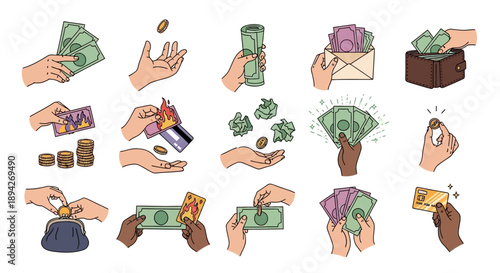 Various hands exchanging money and valuables in different transactions and scenarios