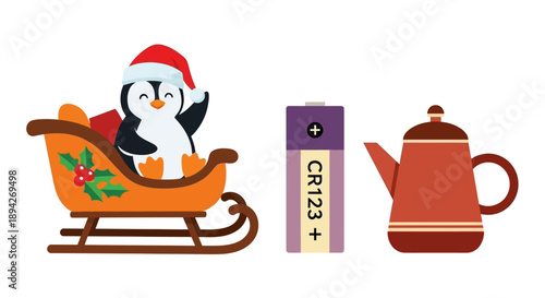 A cartoon penguin in a festive sled with holly beside a tube and teapot