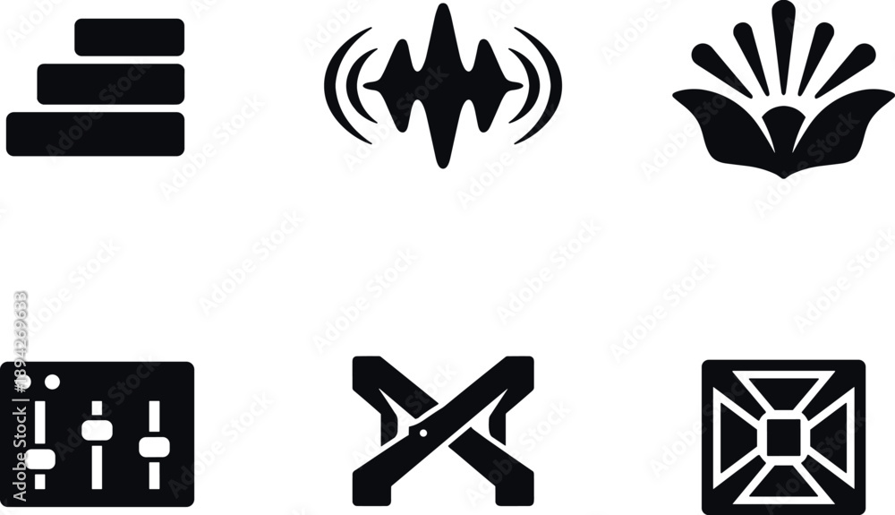 Fototapeta premium Solid vector icons of beauty-evoking chord structures: stable harmonic stack, resonance peak field, coherent