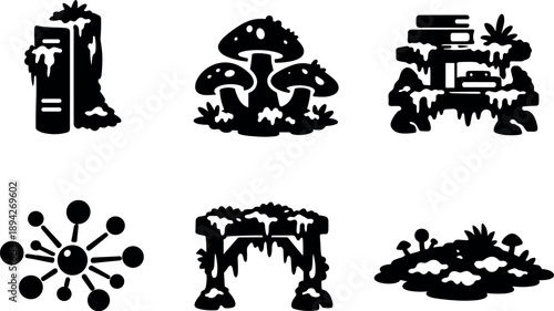 Solid vector icons of moss-grown library ecosystems: moss-covered book spine, fungal bloom cluster, organic