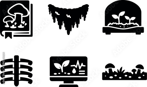 Image Generation. Solid vector icons of fungal–moss library environments: fungal graft on book cover, green moss veil, sprouting