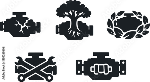 Solid vector icons of overgrown engine–tree constructs: cracked hood gap, central tree stem, emerging foliage