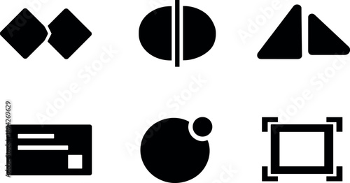 Image Generation. Solid vector icons of symmetry–attention dynamics: balanced geometric pair, mirrored form axis, subtle asymmetry