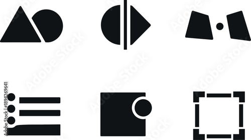 Image Generation. Solid vector icons of symmetry–attention dynamics: balanced geometric pair, mirrored form axis, subtle asymmetry