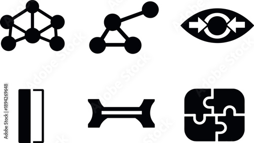 Image Generation. Solid vector icons of tension–resolution visual schemes: symmetric base structure, strategic irregular node,