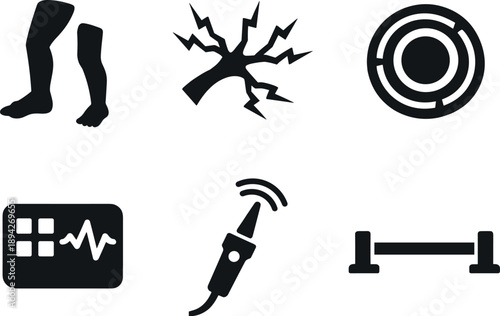 Image Generation. Solid vector icons of phantom itch perception: missing-limb contour, irregular nerve pulse, somatic-memory ring;