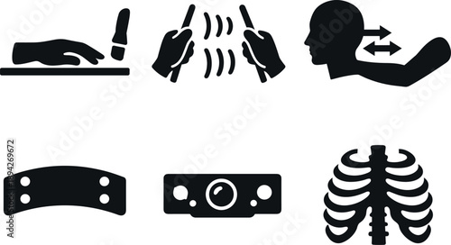 Image Generation. Solid vector icons of cross-modal body illusions: rubber hand silhouette, matched stroke rhythm, ownership shift