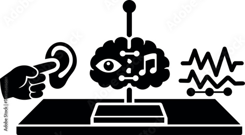 Solid vector icons of cortex-level sensory reassignment: reassigned nerve-input point, cortical merge zone,