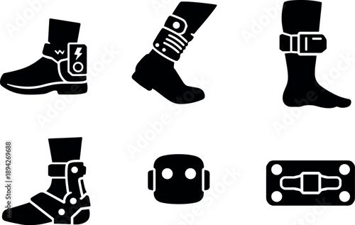 Kinetic Energy Leg Icons. Solid vector icons of kinetic-energy generating legs: integrated foot generator, stride-powered coil,