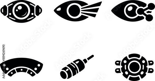 Image Generation. Solid vector icons of multi-spectral ocular implants: imaging core, range-finder pulse, chemical-signature