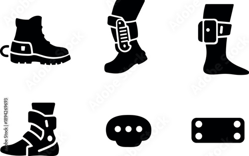 Kinetic Energy Leg Icons. Solid vector icons of kinetic-energy generating legs: integrated foot generator, stride-powered coil,