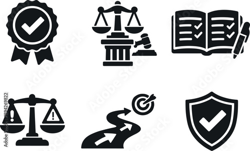 Image Generation. Solid style icons of creator accountability: obligation seal, ruling principle emblem, accountability ledger,