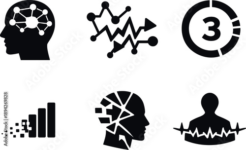 Solid style icons of digital mortality awareness: dimming consciousness node, unstable logic patterns, countdown