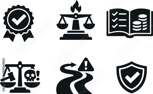 Image Generation. Solid style icons of creator accountability: obligation seal, ruling principle emblem, accountability ledger,