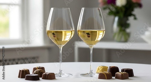 Two wine glasses with white wine and assorted chocolates on a white table flowers