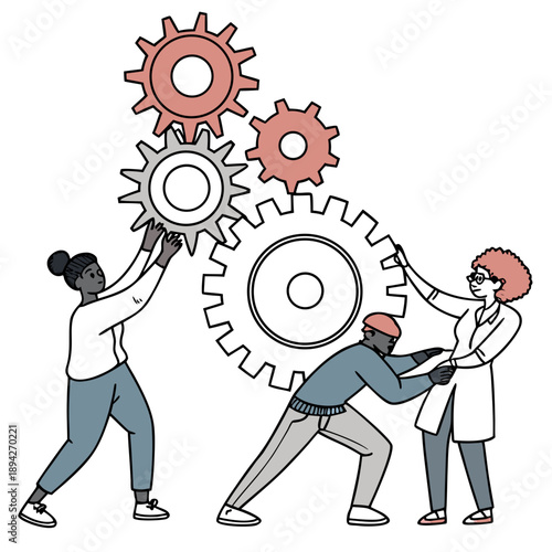 Diverse team working together to assemble large mechanical gears