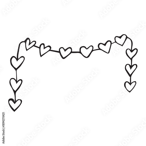 Hand drawn heart garland hanging on a string in black ink line art style, romantic whimsical decoration illustration isolated on white background