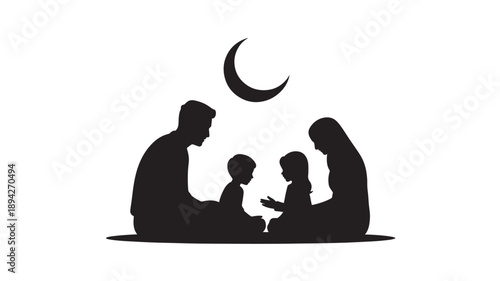 Family silhouette in intimate moment with crescent moon in minimalist black illustration for islamic greeting card