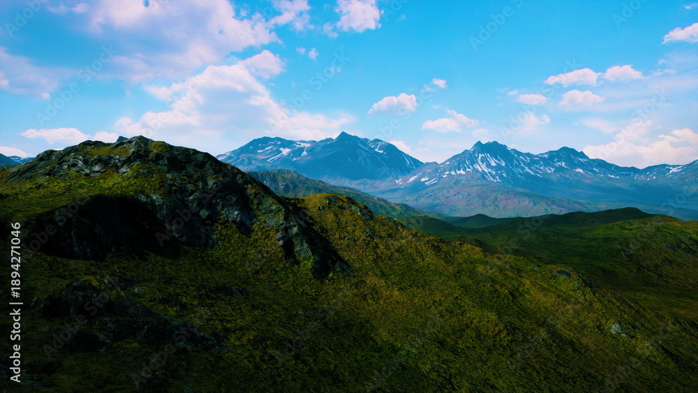 Obraz premium Breathtaking views of towering mountains surround verdant valleys. Bright sunshine illuminates the landscape, showcasing natures beauty in a serene summer setting.