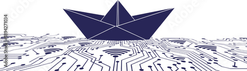 Minimalist black paper boat sailing on digital wifi wave. Data navigation and tech journey metaphor